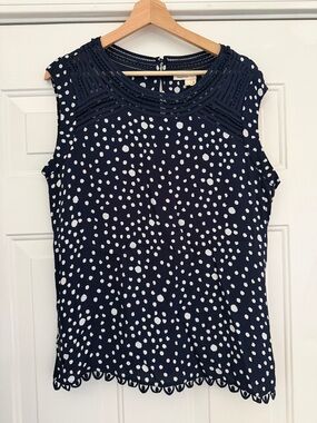 Anthropologie brand Meadow Rue Navy and White Polka Dot Lace-Trim Sleeveless Top
